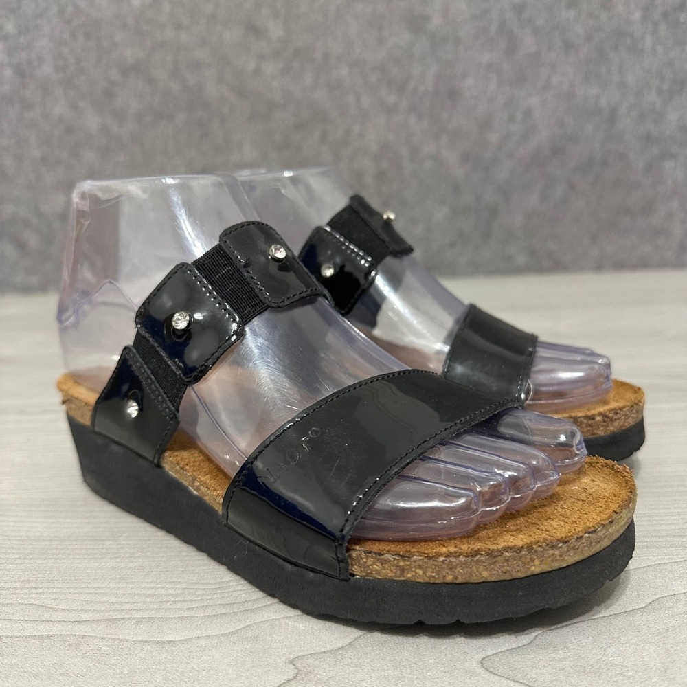 Naot Ashley Sandals Womens 36 US 5 Black Patent Leather Cork Wedge Slides